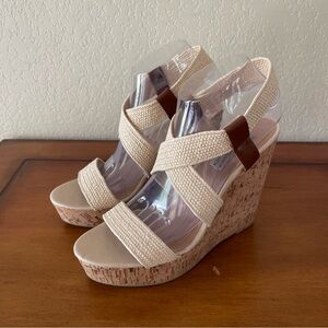 Steve Madden Elika Platform Beige Strappy Cork Heel Wedges Size 9M